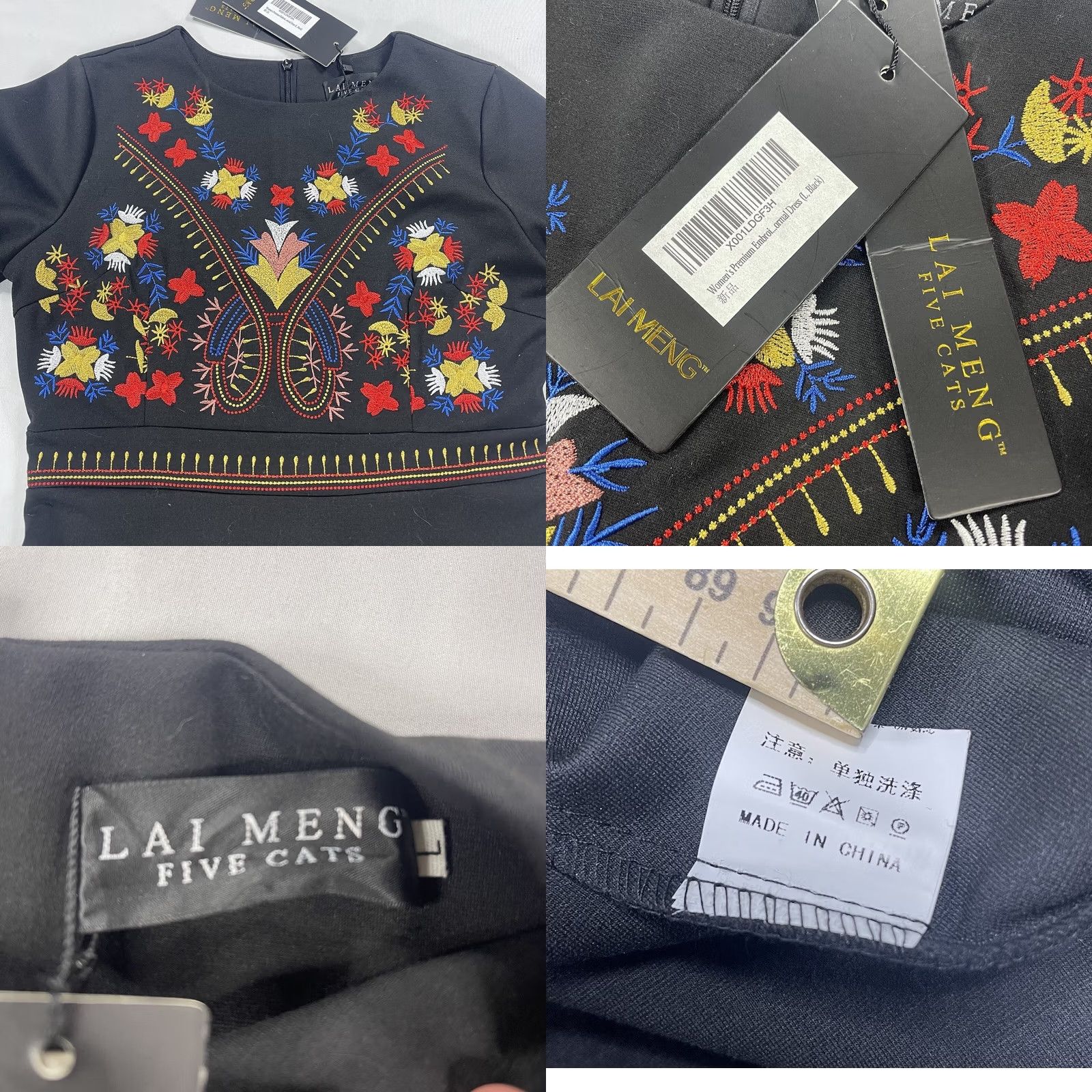 Vintage Flowers NWT Lai Meng Five Cats Women's L Cocktail Dress Black Embroidered Floral Sleeve Long Knee Length Party/Cocktail Dress Size L / US 10 / IT 46 - 8 Thumbnail
