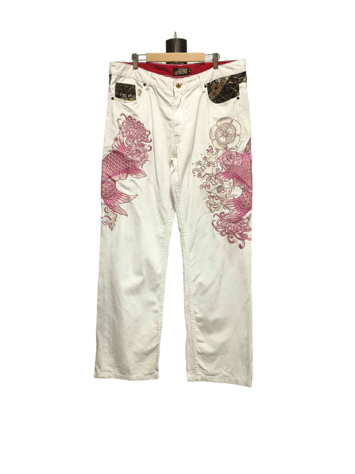 image of Crazy Vintage Bukkirabou Koi Fish Embroidery Oversize Pants in Fade White, Men's (Size 38)