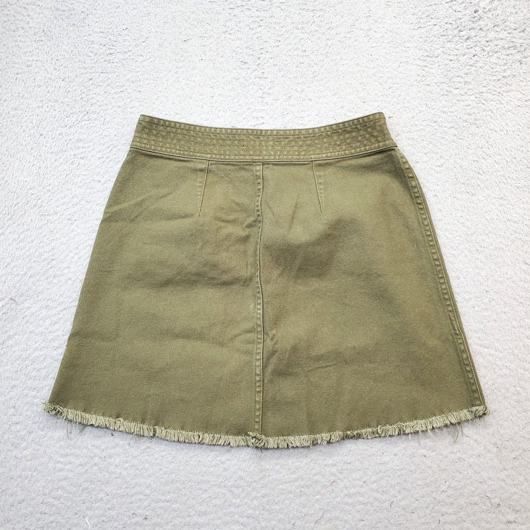 Madewell Madewell Womens Size 2 Green Canvas A-Line Skirt Frayed Hem Patch Pocket Snap Front Short 2 Size 26" / US 2 / IT 38 - 2 Thumbnail