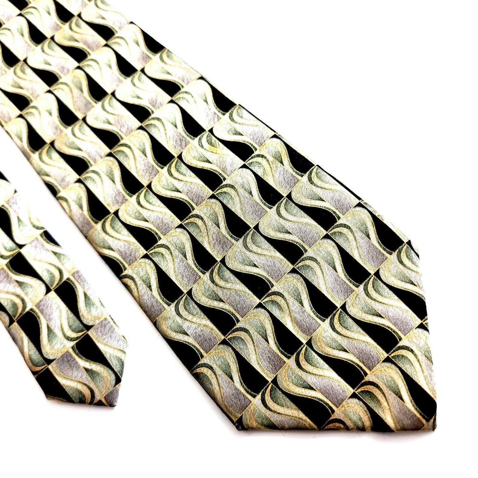 Designer Unbranded Black Tan Green Abstract Print Geometric Wide Silk Size ONE SIZE - 1 Thumbnail