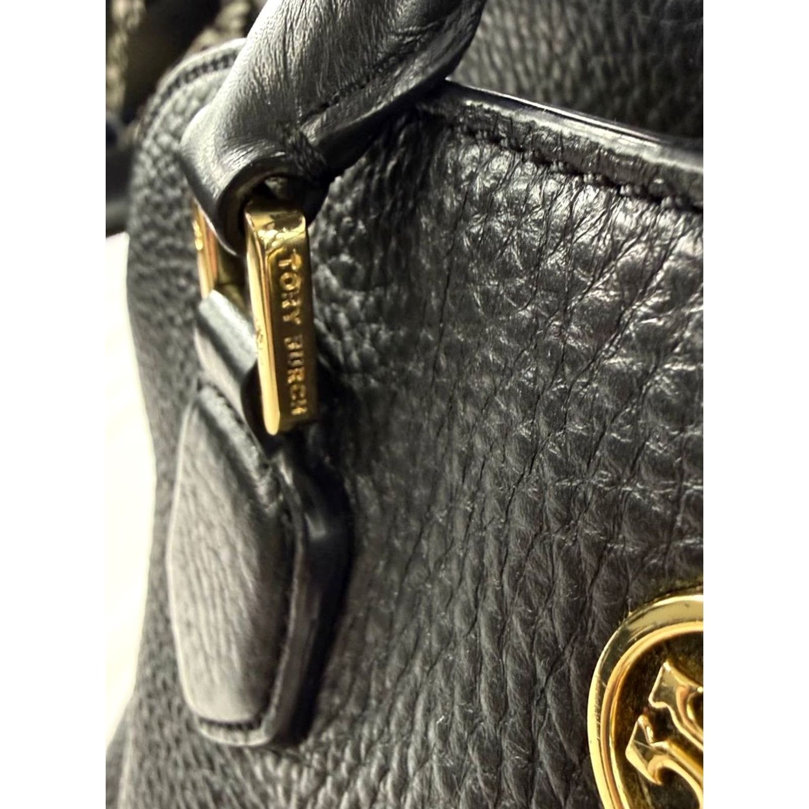 Tory Burch Tory Burch Tote Black Pebbled Leather Satchel Bag Gold Hardware Zip Women Size ONE SIZE - 7 Thumbnail
