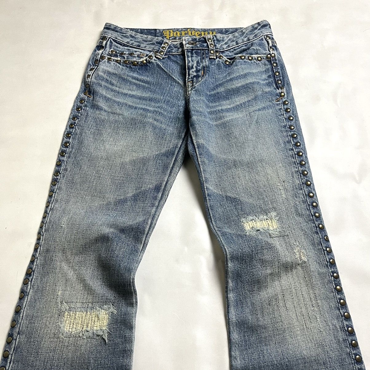 Tornado Mart 🌪️HOT🔥00s Japanese Brand Parvenu Flared studed denim pants Size US 27 - 3 Thumbnail
