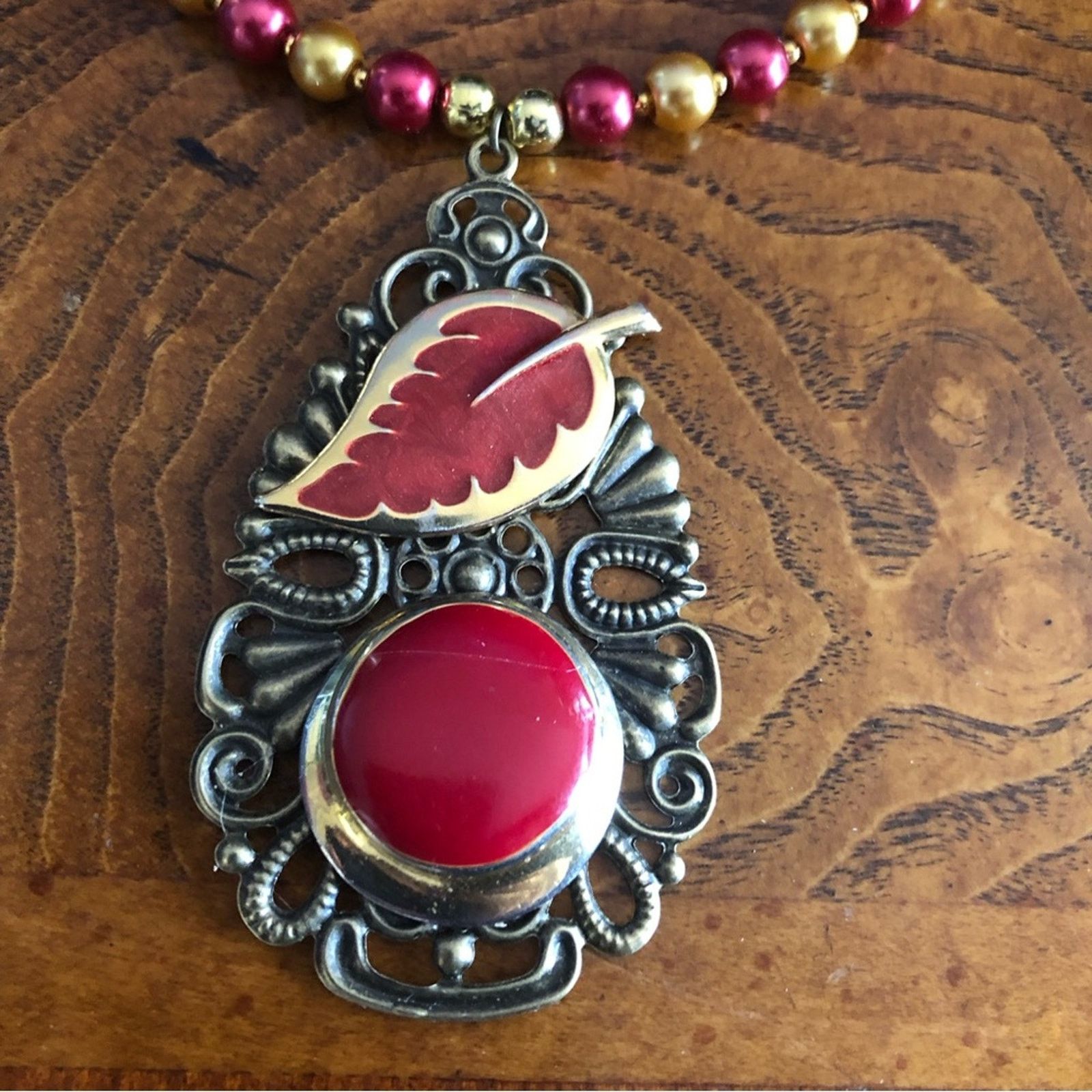 Handmade Handcrafted repurpose red enamel filigree pearl necklace Size ONE SIZE - 11 Thumbnail