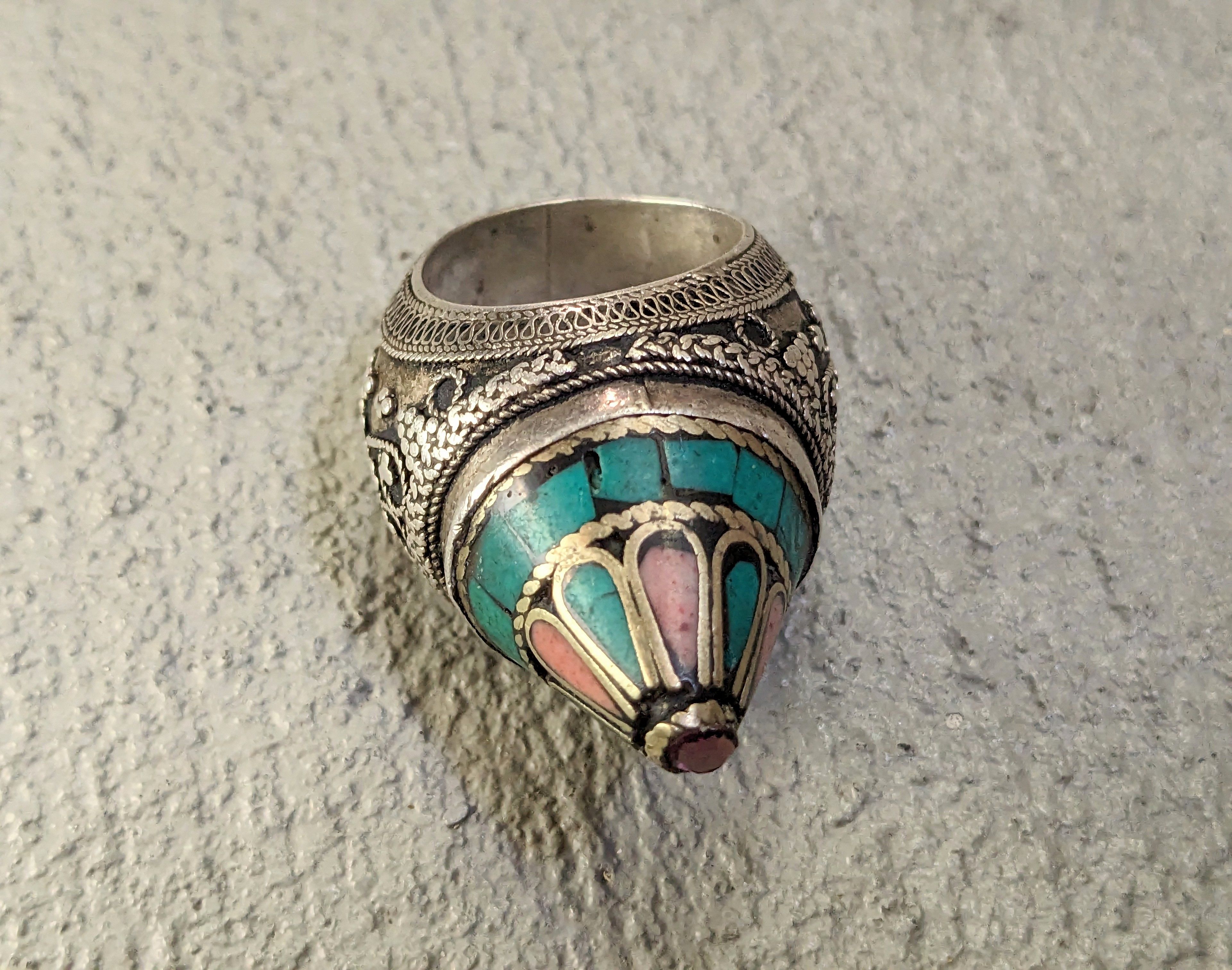 Jewelry Vintage Coral Turquoise Ring 8.5 Tribal Kuchi Afghanistan Size ONE SIZE - 14 Thumbnail