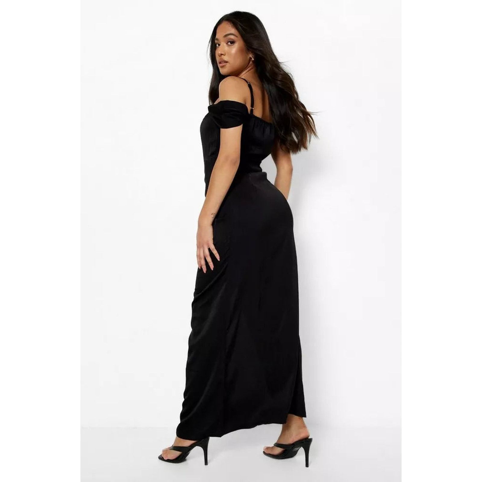 Boohoo Boohoo Black Off Shoulder Draped Satin High Slit Maxi Dress Size S / US 4 / IT 40 - 2 Thumbnail