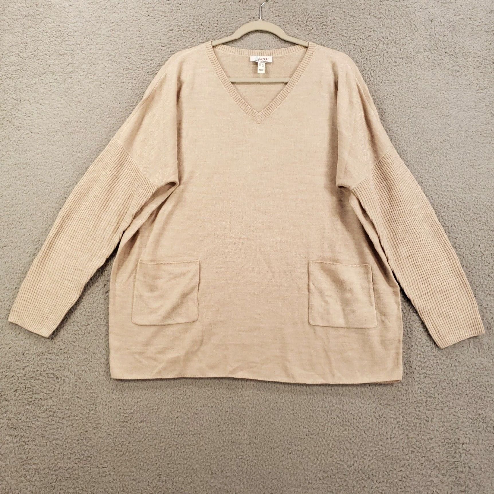 Denim & Co. Denim & Co. Sweater Women Large Beige Lightweight V-Neck Pullover Front Pockets Knit Long Sleeve Casual Womens Size L / US 10 / IT 46 - 2 Thumbnail