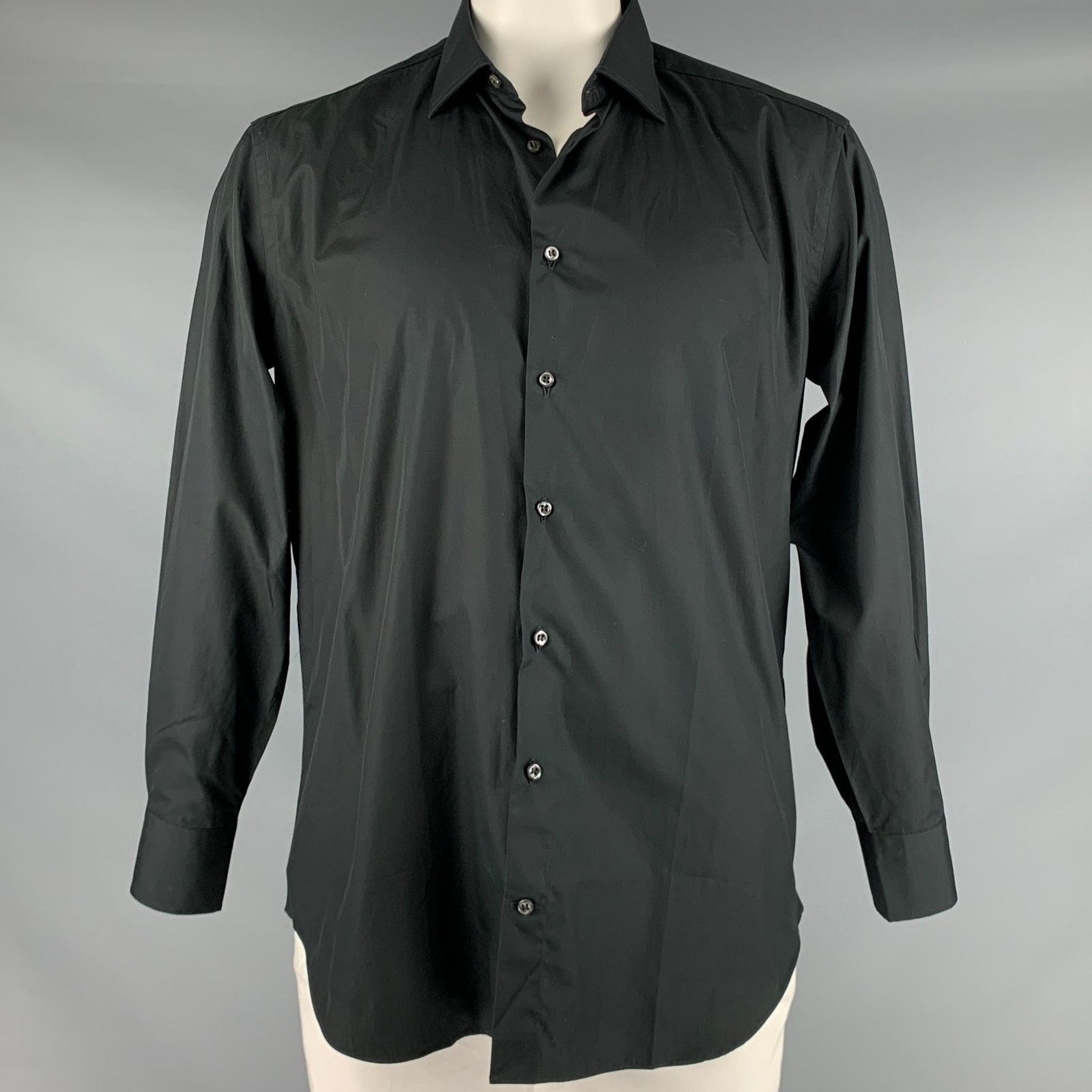 Barneys New York L Trim Fit Black Cotton Button Up Long Sleeve Shirt Size US L / EU 52-54 / 3 - 1 Thumbnail