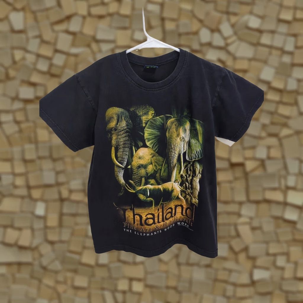 Vintage VINTAGE Joligolf Thailand Elephant Wood Works Men's Black Medium T Shirt Crew Neck Short Sleeve Cotton Knit Logo Art Nature Retro Clothing Mens Size US M / EU 48-50 / 2 - 1 Thumbnail