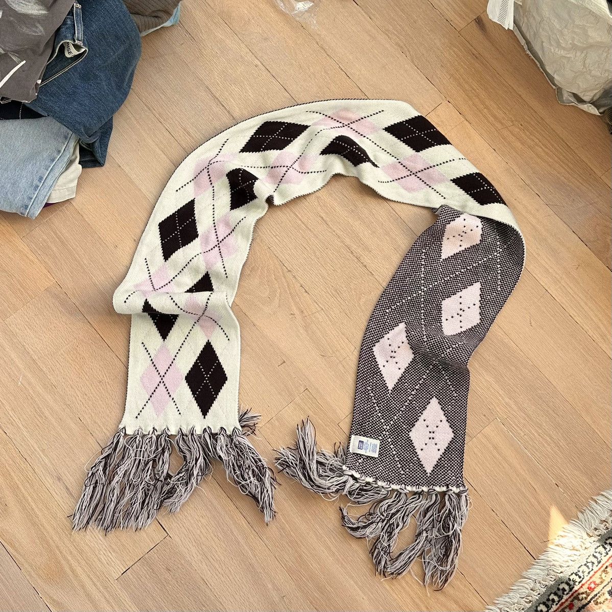 Faded Glory × Vintage 00s Pink Cream Brown Argyle Thick Chunky Scarf Headwrap Size ONE SIZE - 2 Thumbnail