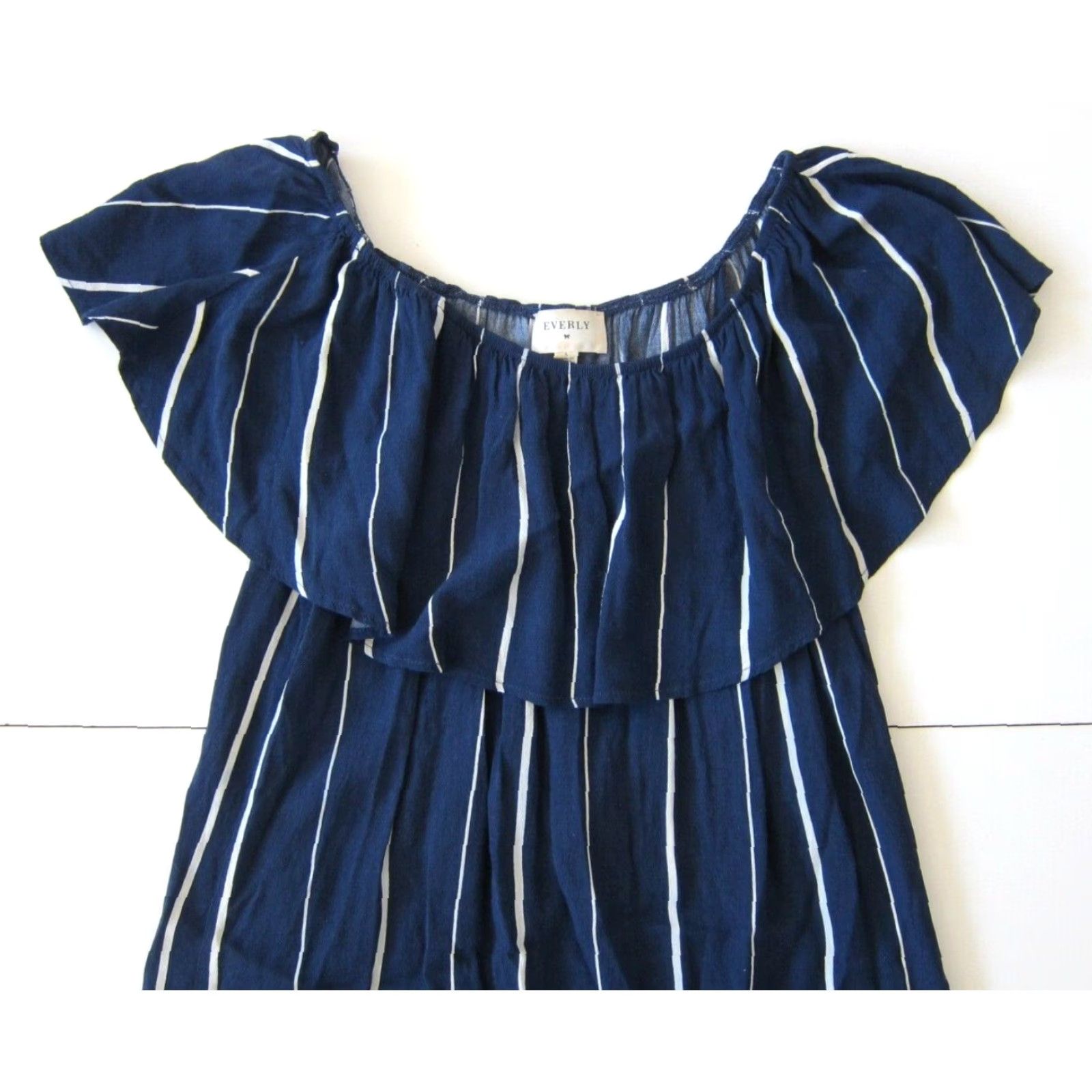 Anthropologie Everly Anthropology Blue White Stripe Off The Shoulder Tunic Shift Dress Small Shirt Size S / US 4 / IT 40 - 3 Thumbnail