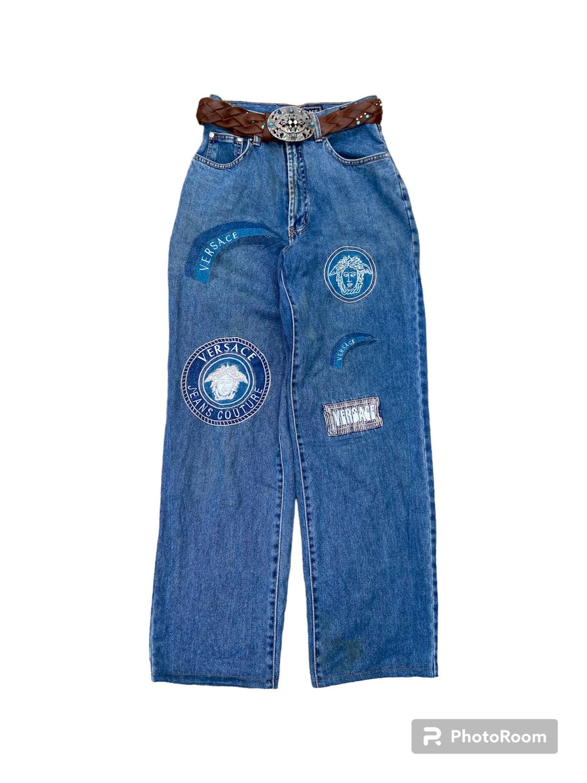 image of Versace Patch Logo High Waist Denim + Belt Leather in Blue, Men's (Size 26)