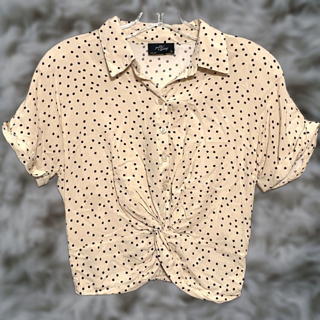 Etro Milk + Honey Polka Dot Crop Blouse Top S Cropped Blouse Womens Semi-Fitted Short Sleeve Tan Polka Dot Casual Retro Feminine Size S / US 4 / IT 40 - 1 Thumbnail