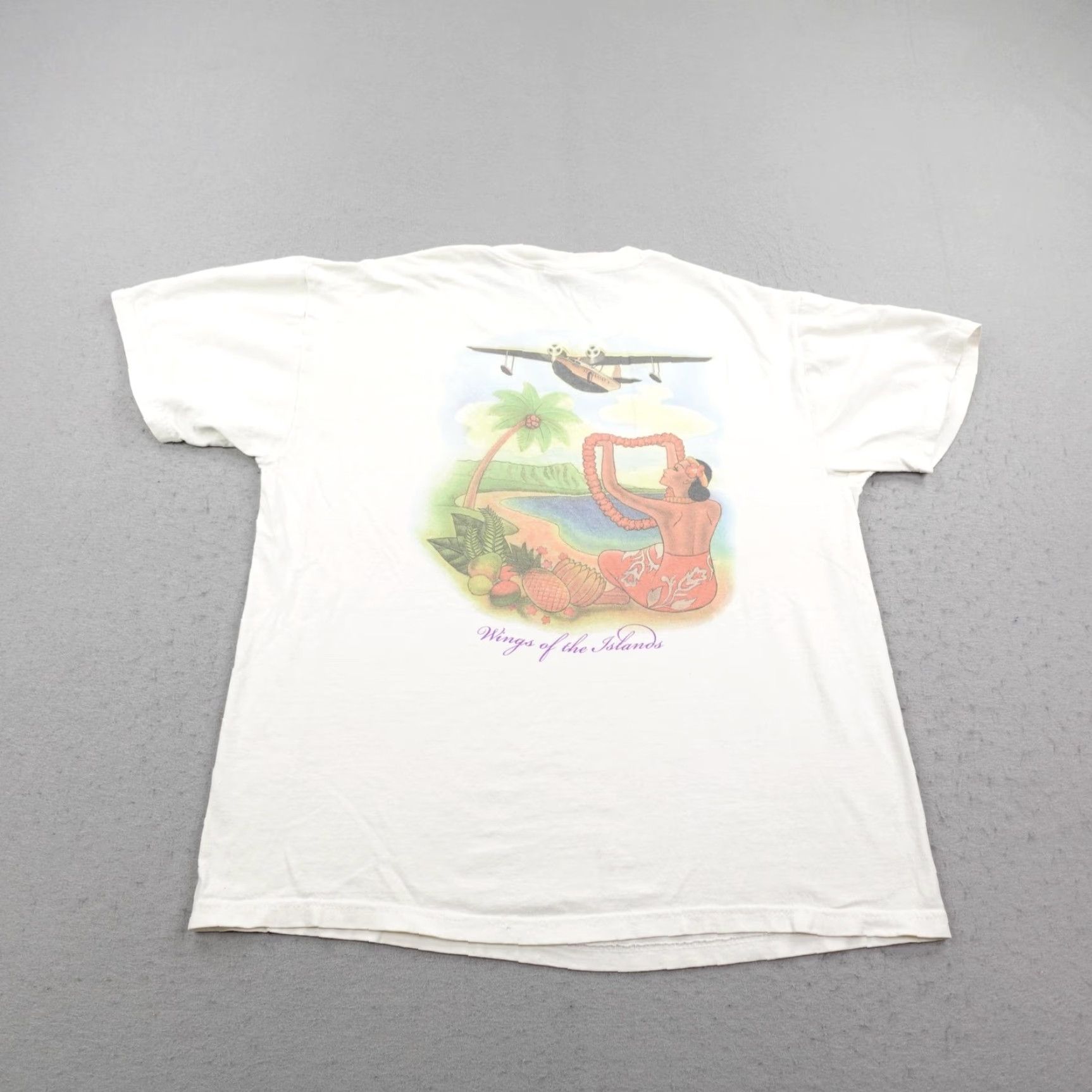 Hanes VINTAGE Hilo Hattie Shirt Mens Large White Hawaiian Airlines Hawaii Aloha Hula T-Shirt 90s Beach Tropical Mens Size US L / EU 52-54 / 3 - 4 Thumbnail