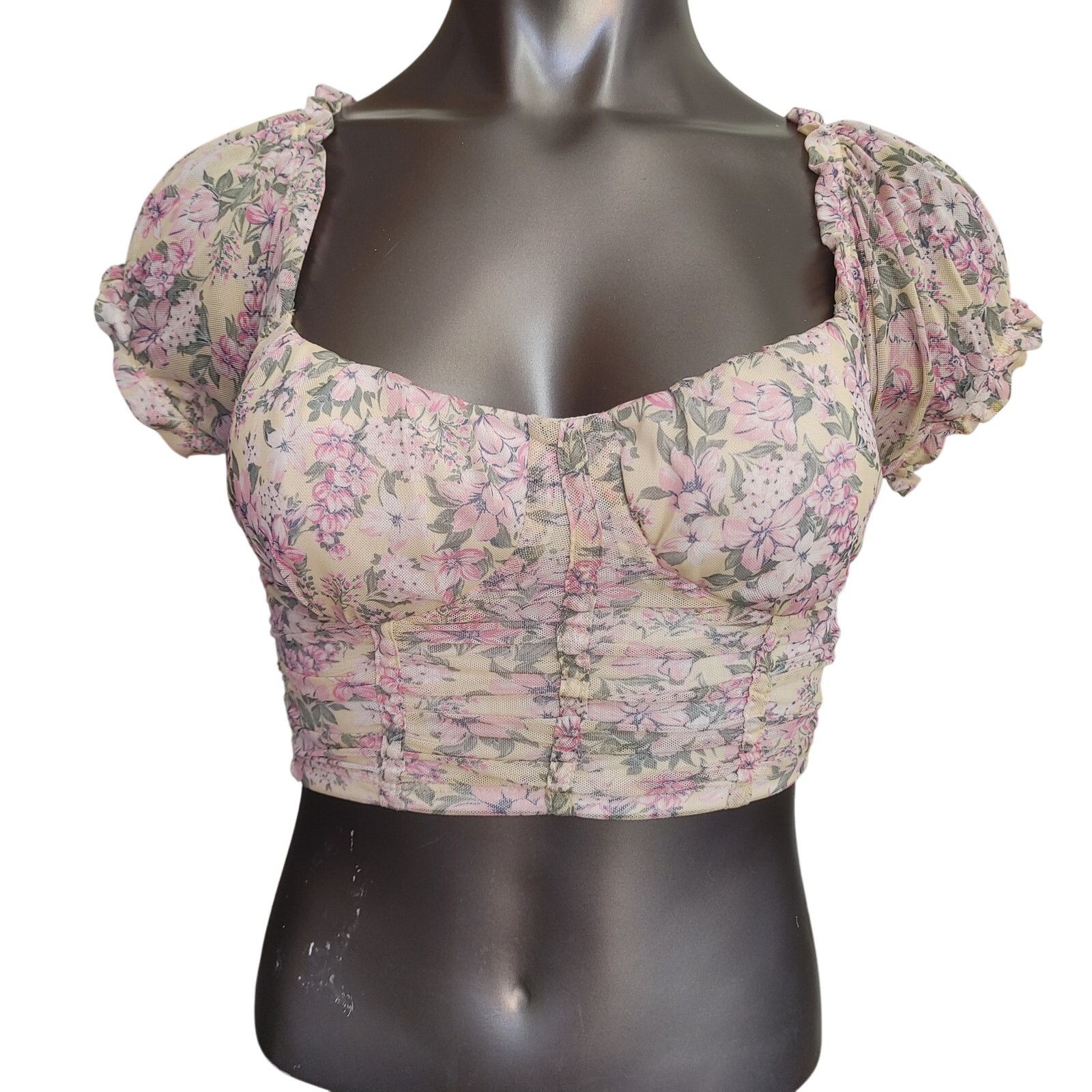 Other Madden Women XS Light Pink Floral Cropped Low Cut Ruffle Top Size XS / US 0-2 / IT 36-38 - 1 Thumbnail