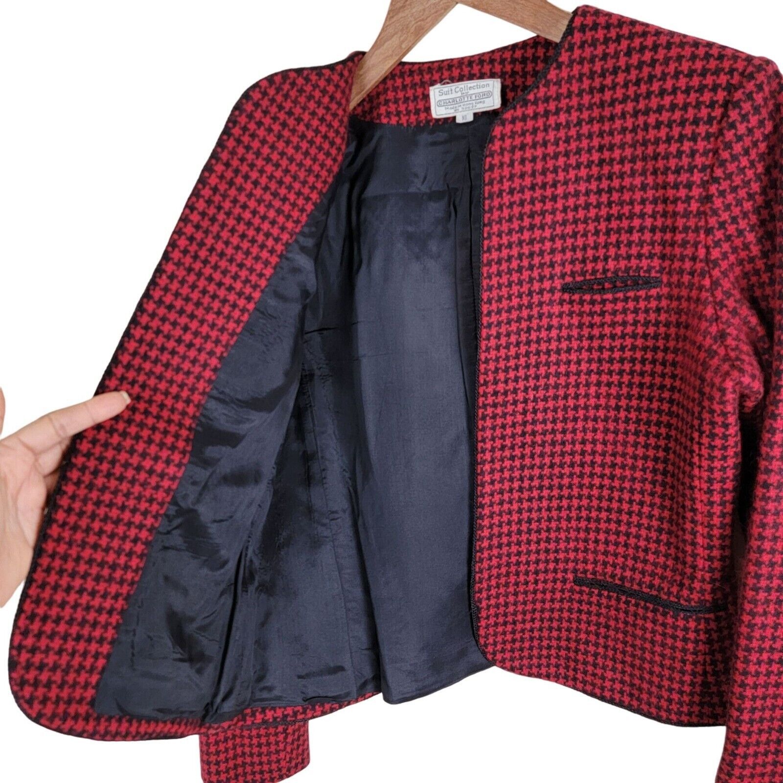 Vintage Charlotte Ford Vintage Womens Houndstooth Wool Open Blazer Size L / US 10 / IT 46 - 3 Thumbnail