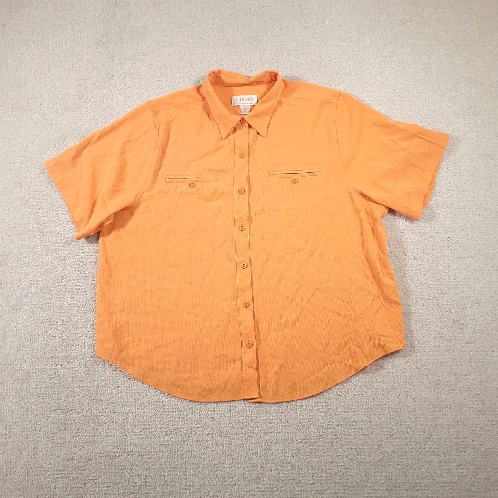 Vintage C.J. Banks Shirt Womens 1X Orange Short Sleeve Button Front Rayon Blend Pockets Size XL / US 12-14 / IT 48-50 - 2 Thumbnail