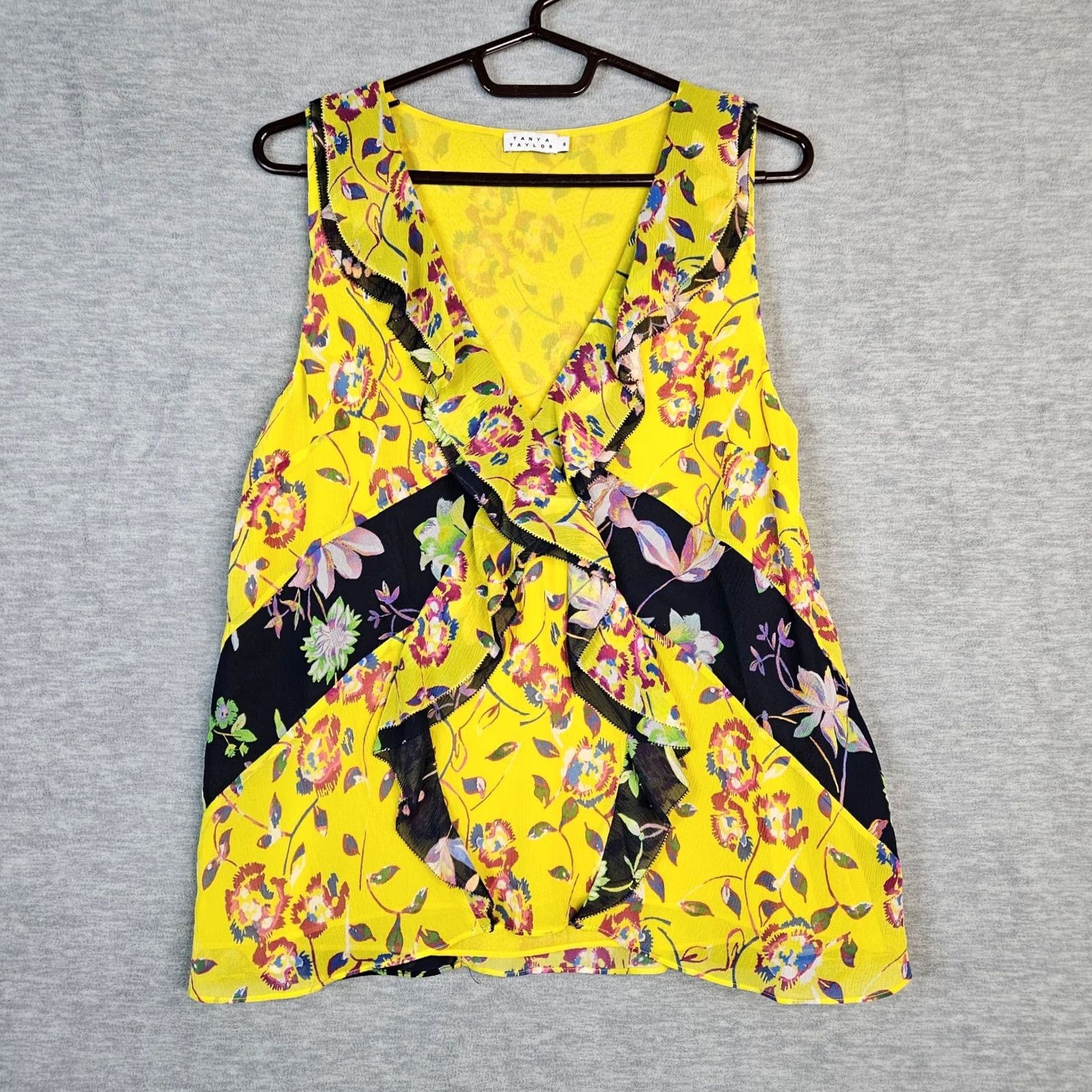 Vintage TANYA TAYLOR Women's Yellow Floral Printed Silk Blouse V-Neck Ruffle Sz 8 Size M / US 6-8 / IT 42-44 - 2 Thumbnail