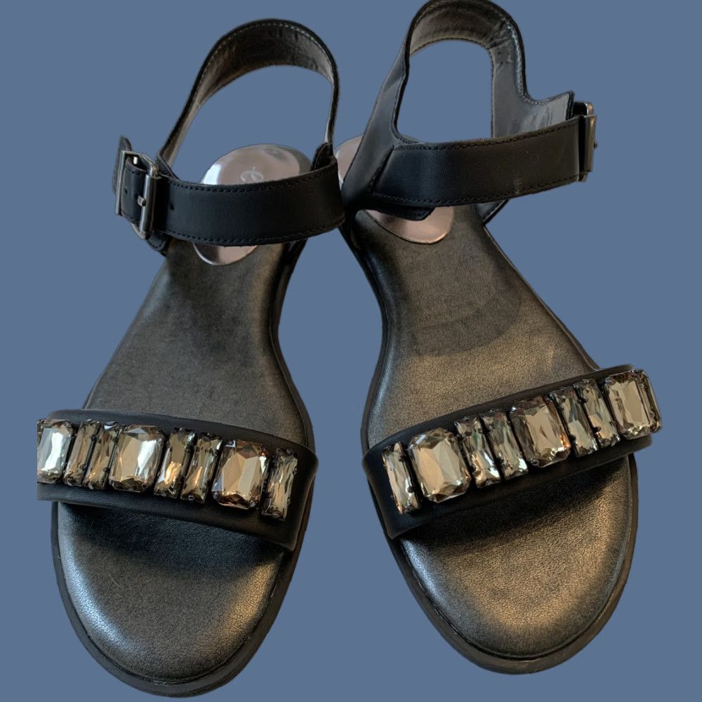 Vintage 9M E Collection Women's Sandals "ES Diamond" Black Faux Leather Bejeweled Flat Size US 9 / IT 39 - 1 Thumbnail
