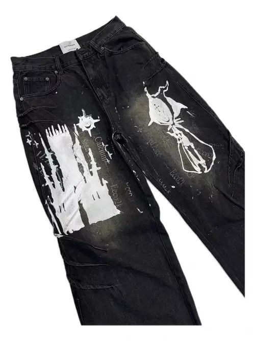 Jean Washed and Aged Frayed Print Street Y2K Jeans Size US 32 / EU 48 - 2 Thumbnail