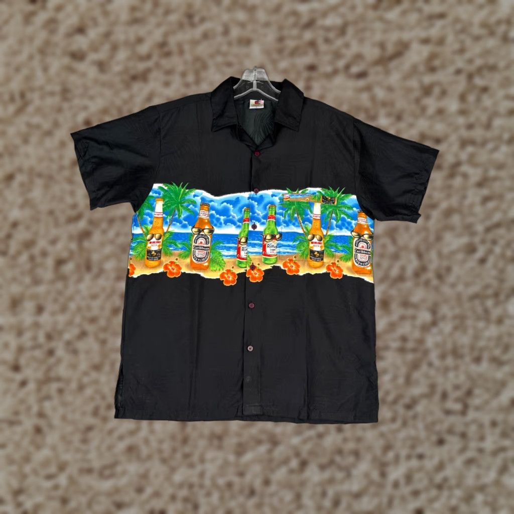 Erima Rima Shirt Men M Black Palm Beer Sunglasses Beach Hawaiian 100% Terivoile Floral Short Sleeve Button-Up Size US M / EU 48-50 / 2 - 1 Thumbnail