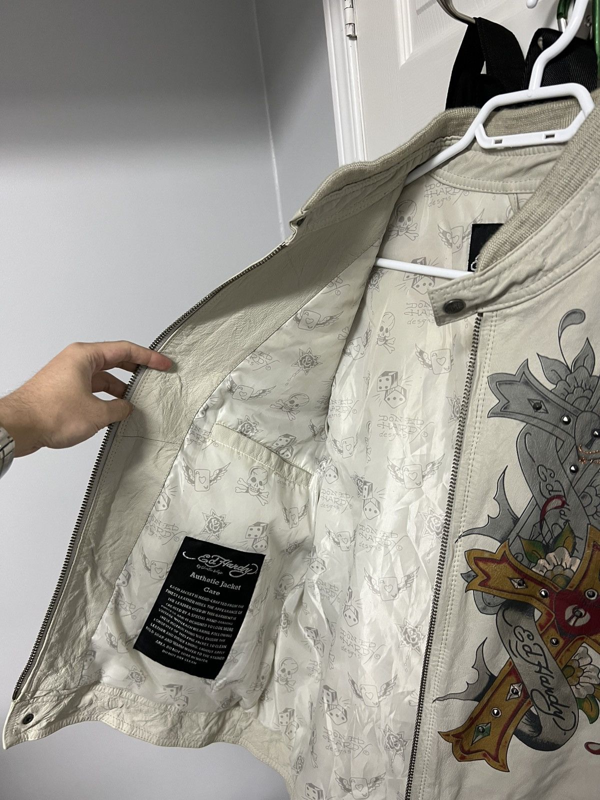 Christian Audigier × Ed Hardy Ed Hardy x Christine Audigier Leather Jacket Off White Size US XL / EU 56 / 4 - 12 Thumbnail