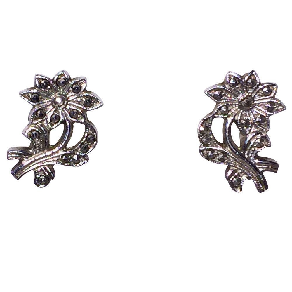 Designer Art Deco Sterling Marcasite Flower Earrings Size ONE SIZE - 1 Thumbnail