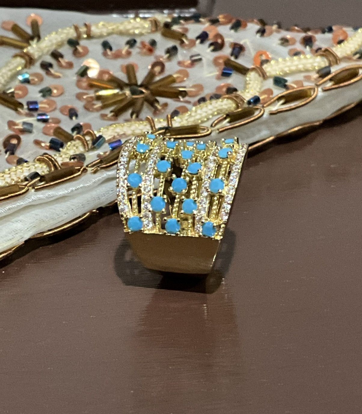 Other Elegant Gold and Turquoise wide band Ring 8 Size ONE SIZE - 3 Thumbnail