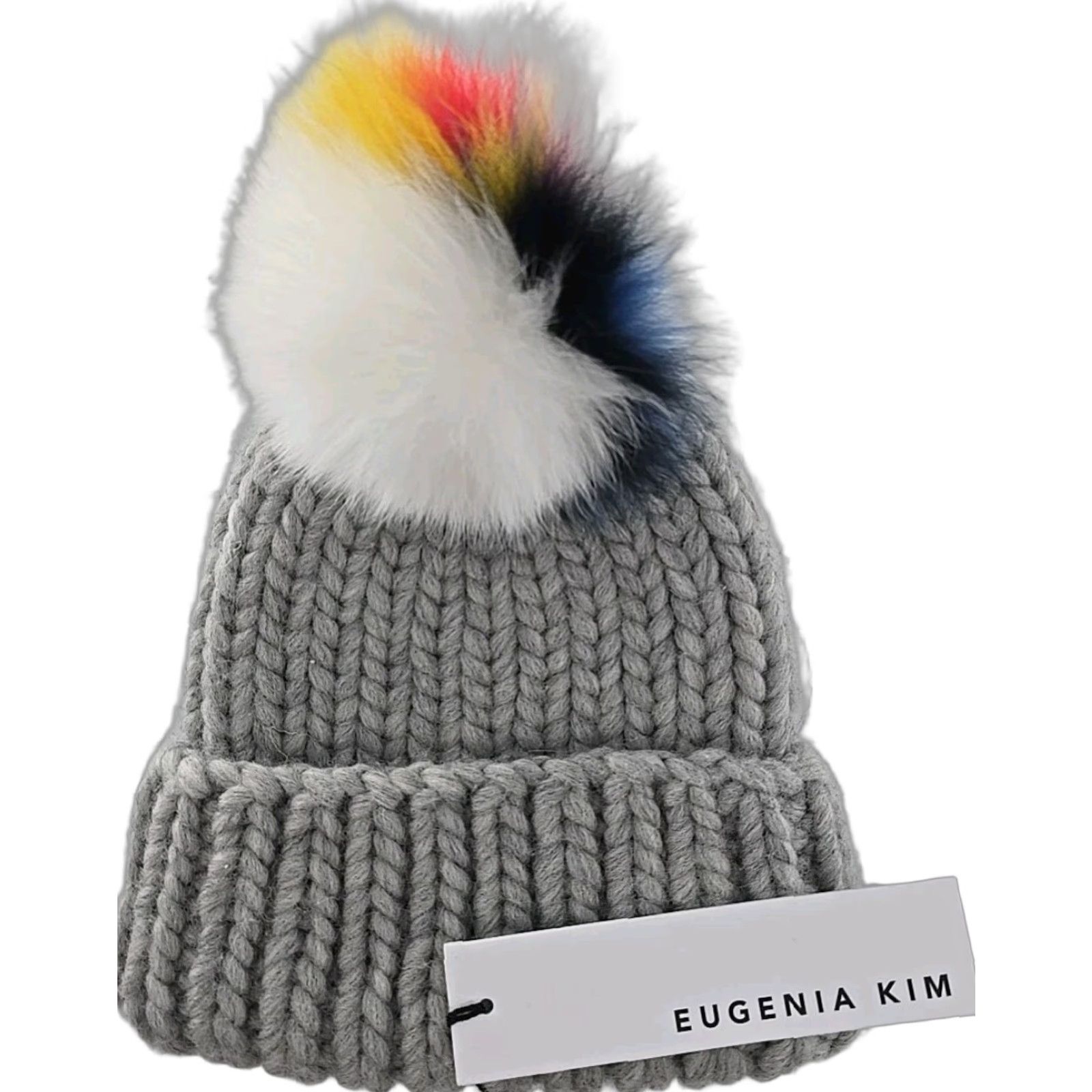 Eugenia Kim Maddox Knit Hat with Grey/Black Fur Pompom