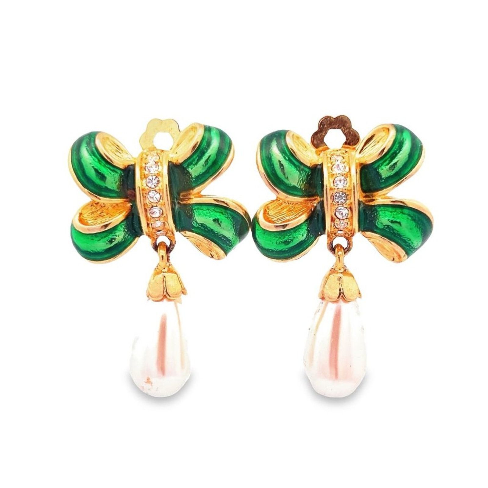 & Other Stories Vintage Weingeroff Gold Green Bow Rhinestone Pearl Earrings Size ONE SIZE - 3 Thumbnail