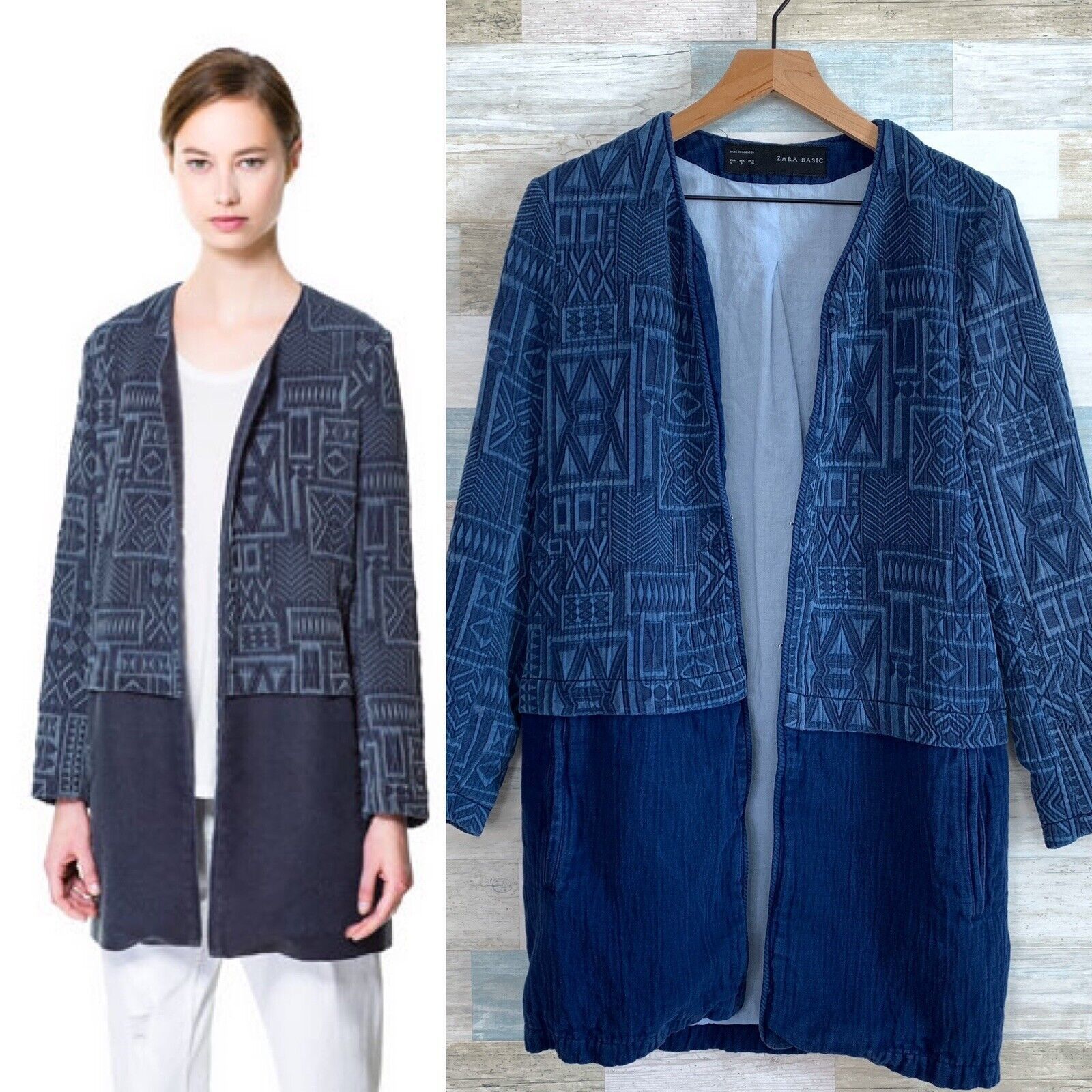 Zara Zara Aztec Jacquard Duster Jacket Blue Textured Cotton Linen Size S / US 4 / IT 40 - 1 Thumbnail
