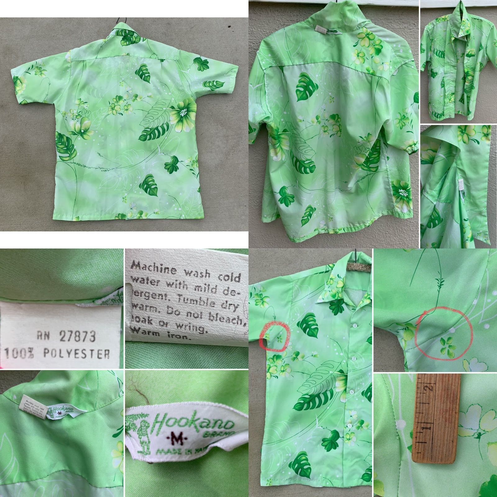 J Brand VINTAGE Hookano Hawaiian Shirt Men M Green Floral Short Sleeve Button-Up 100% Polyester Tiki Aloha Size US M / EU 48-50 / 2 - 10 Thumbnail