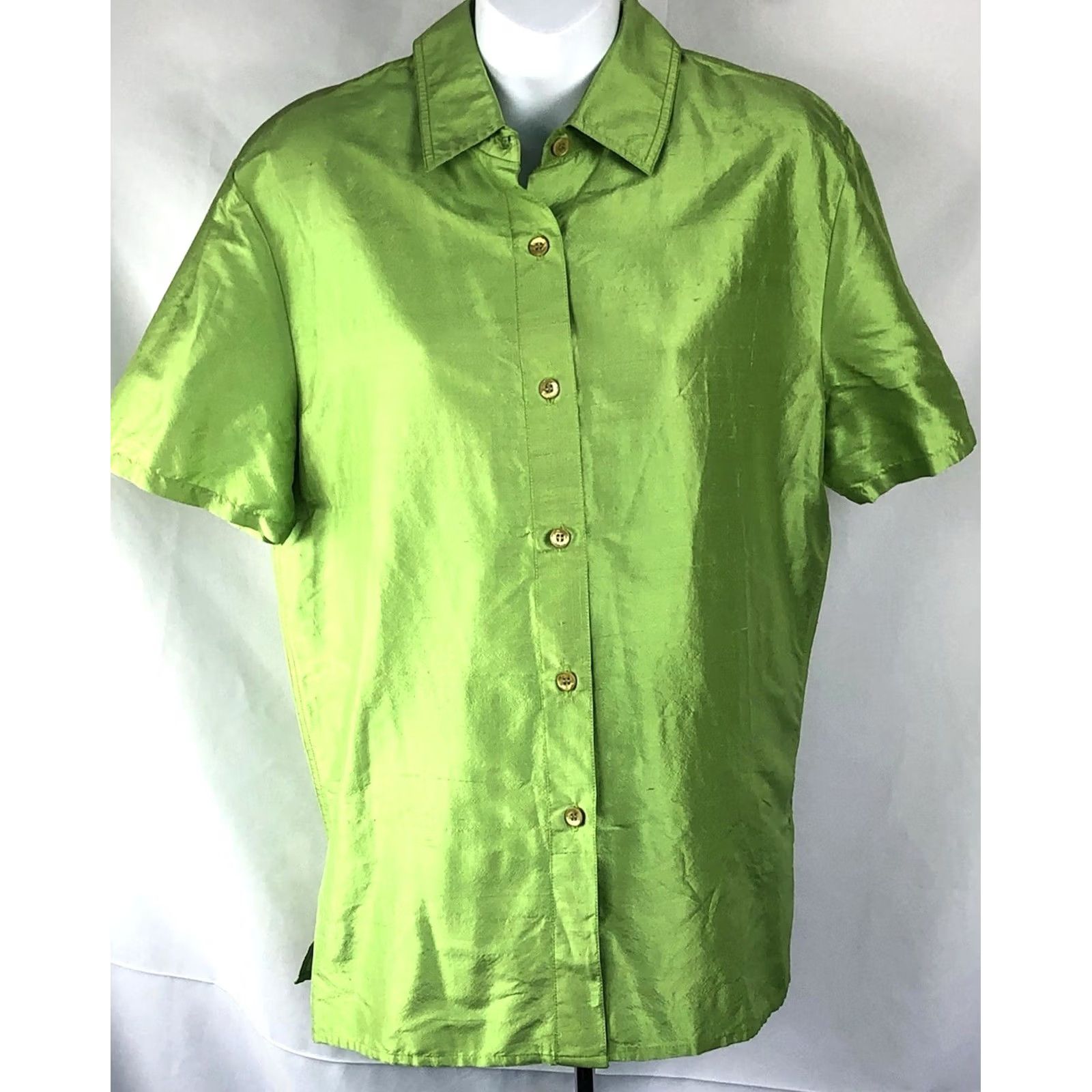 Vintage Sarah Chapman 100% silk top Blouse L Green Button Front Short Sleeve Collar Office Career Size L / US 10 / IT 46 - 5 Thumbnail