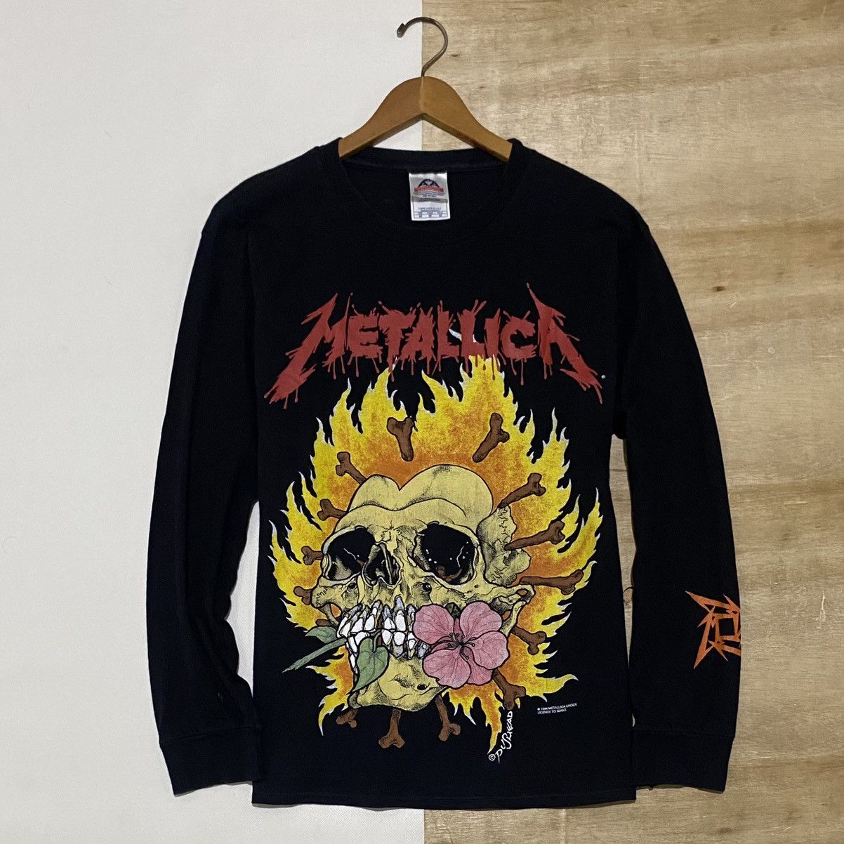 T-shirt Vintage METALLICA 1994 - Design Pushead (crâne Enflammé, Fleur, Cœur), Taille L, Noir