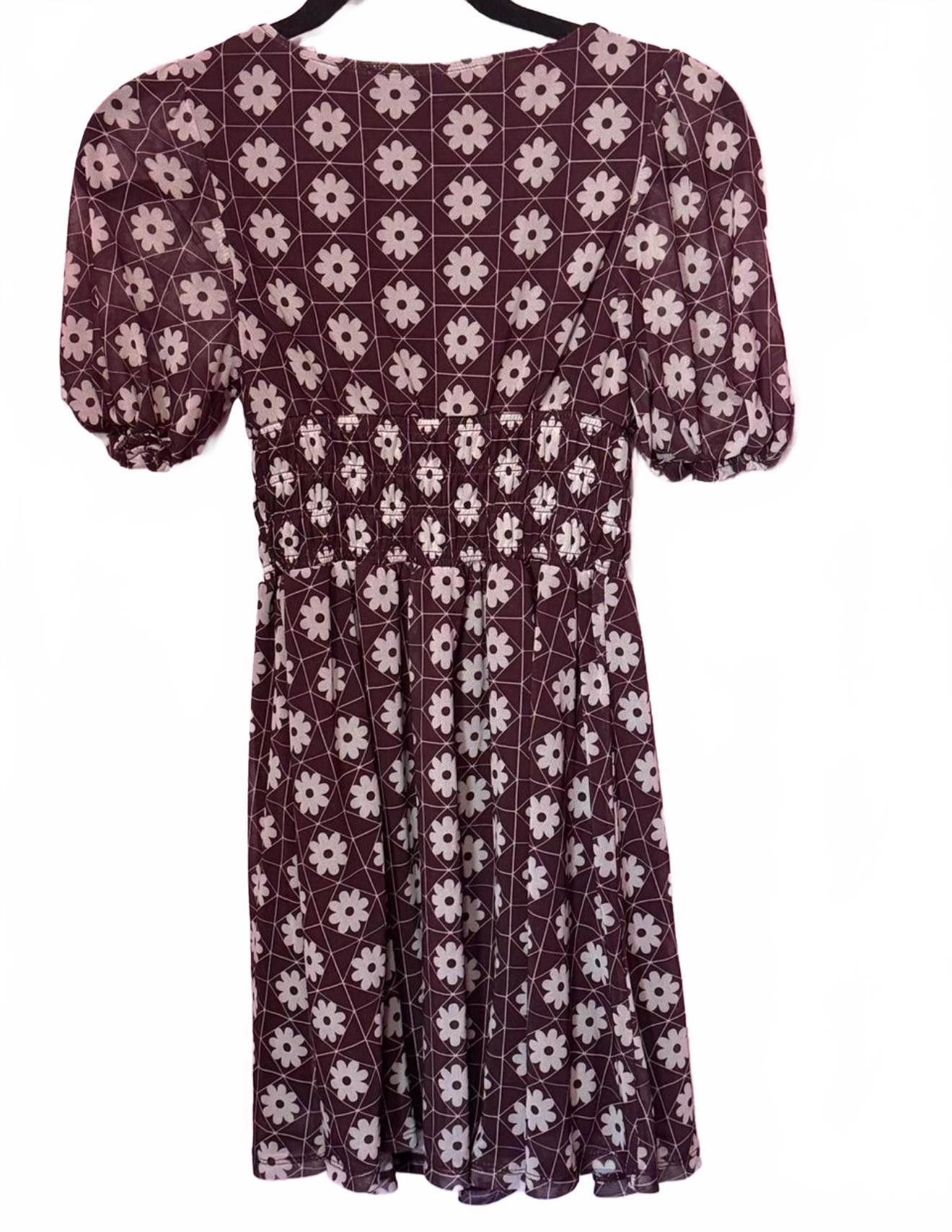 Designer Trendy Brown Floral Smocked Midi Dress Size S / US 4 / IT 40 - 2 Thumbnail