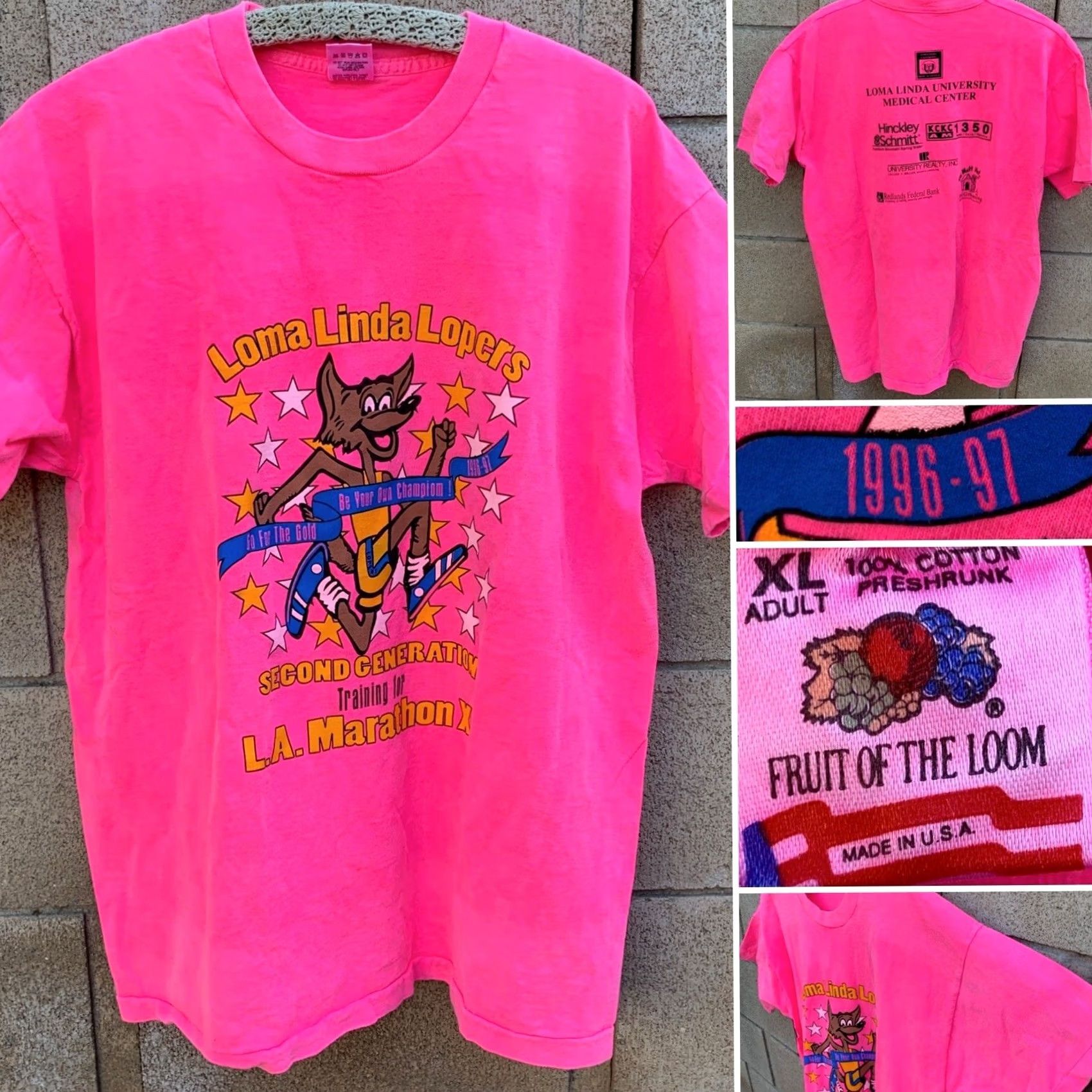 Fruit Of The Loom VINTAGE Loma Linda Lopers Marathon Training T Shirt 90s Neon Pink Size XL Fruit of the Loom Mens T-Shirt Size US XL / EU 56 / 4 - 2 Thumbnail