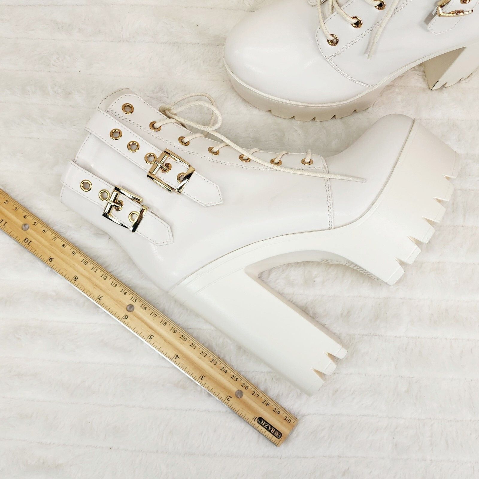 Other Linda Off White Chunky Block Heel Lave Up Ankle Boots Brand Size US 9 / IT 39 - 6 Thumbnail