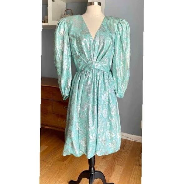 Vintage VINTAGE Diane Dickinson Cocktail Dress 12 Blue 1980s Silk Brocade Puff Sleeves Eveningwear Mens Womens Girls Size XL / US 12-14 / IT 48-50 - 5 Thumbnail