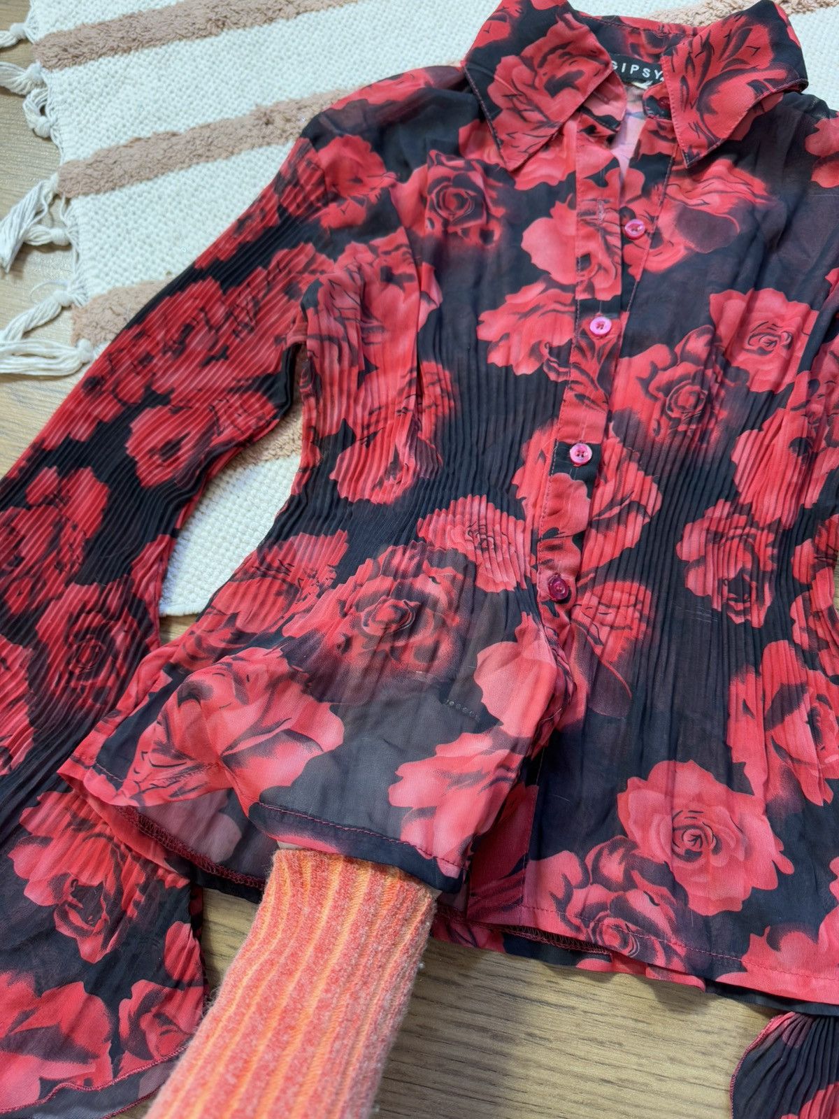 Vintage PLEATED QUILTED MESH ROSE SHIRT BOUSE Size M / US 6-8 / IT 42-44 - 4 Thumbnail