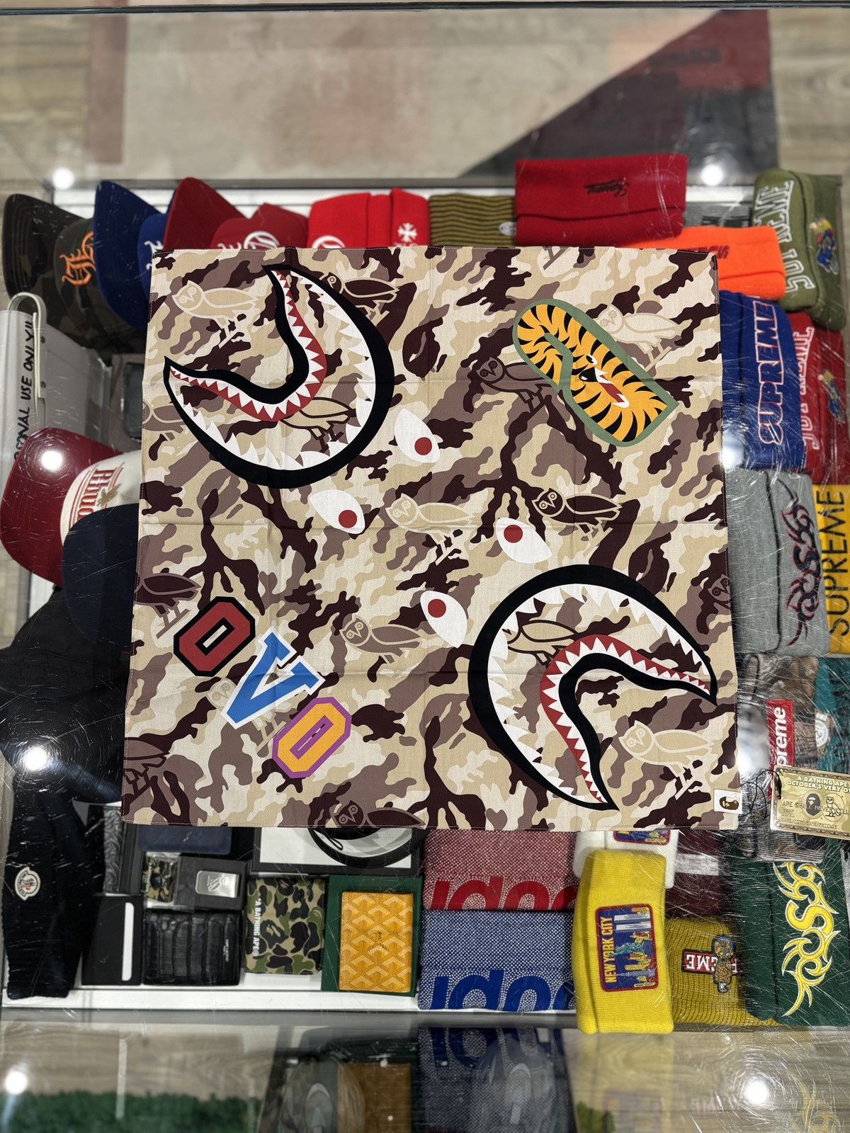 Bape × October's Very Own BAPE x OVO Woodland Camo Shark Bandana Beige Size ONE SIZE - 1 Thumbnail