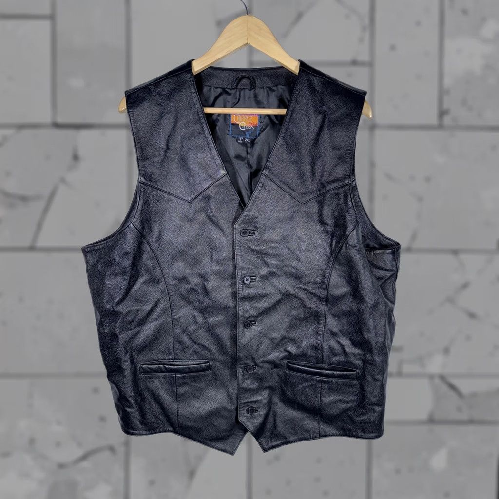 Vintage Cripple Creek Black Leather Vest Biker Cowboy Western 2XL Mens Tall Vest Pockets Lined Solid Mid-Length Button Closure Size US XXL / EU 58 / 5 - 1 Thumbnail