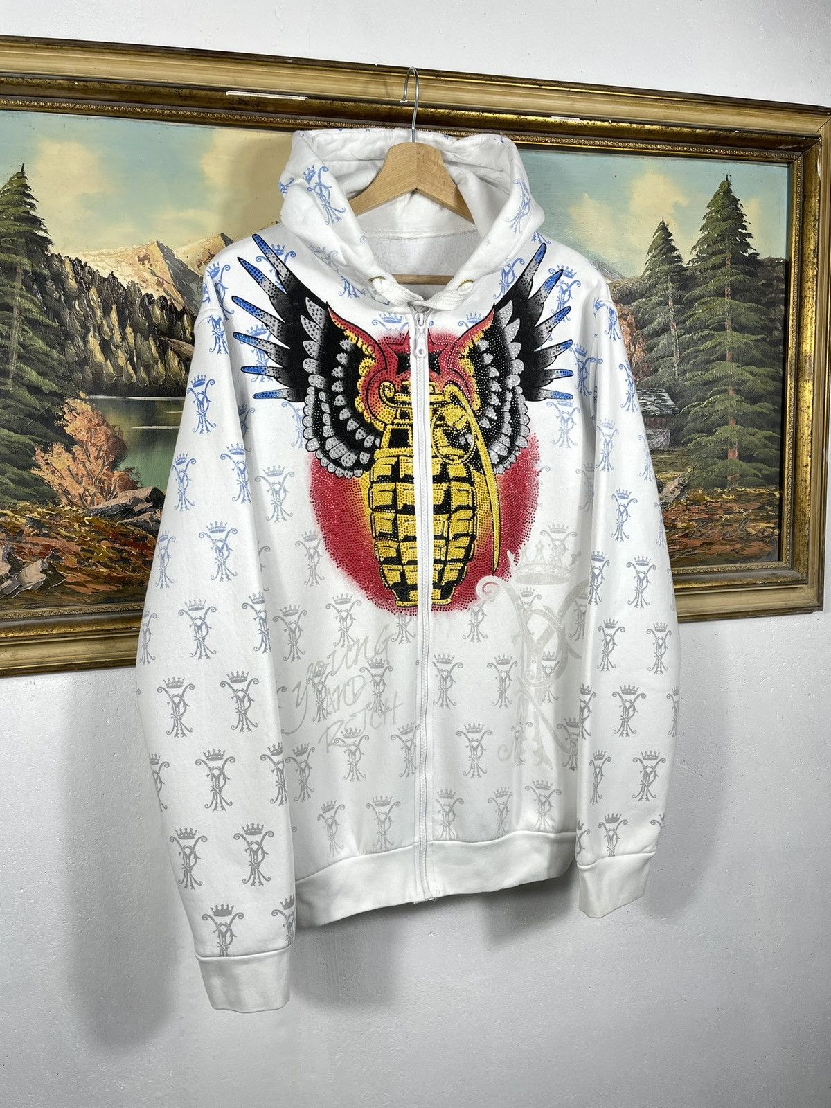 Christian Audigier × Ed Hardy × Vintage Ed Hardy Retro 00s Hoodie With Crystals Affliction Grunge Size US XL / EU 56 / 4 - 4 Thumbnail