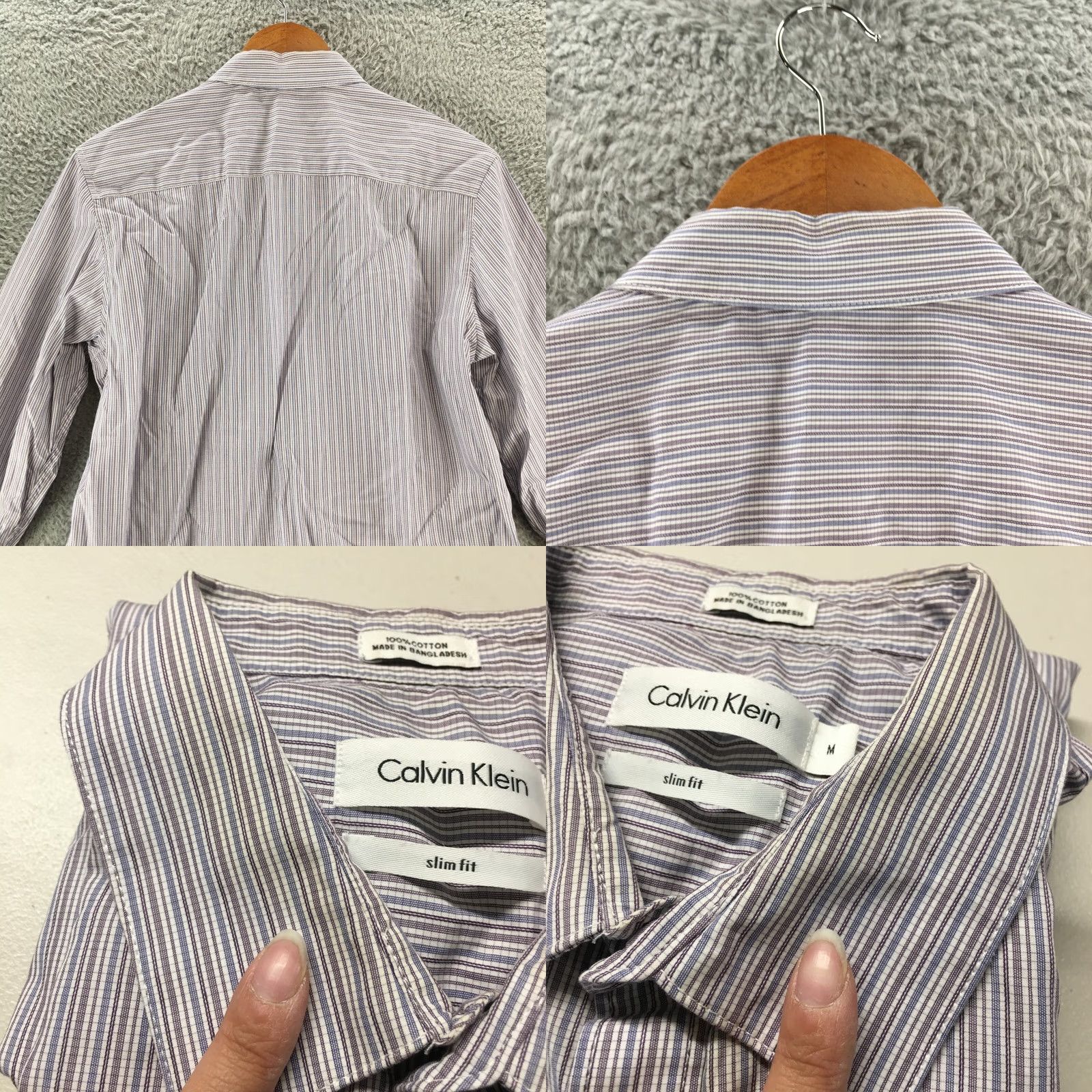 Calvin Klein Calvin Klein Dress Shirt Mens M Slim Fit Purple Stripe Long Sleeve Cotton Dress Shirt Striped Button-Down Collar Size 40R - 8 Thumbnail