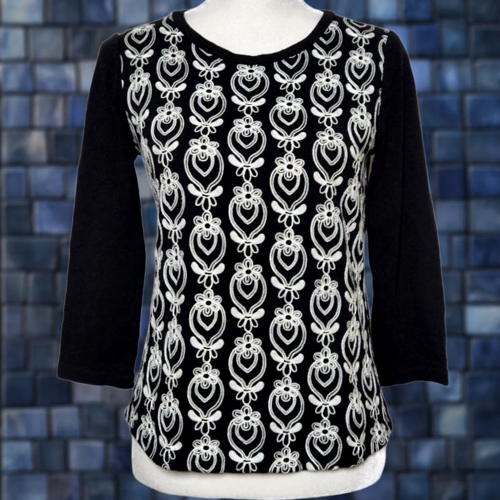 J.Crew J.CREW Womens M Embroidered Top 3/4 Sleeve Tee Black White Shirt Size M / US 6-8 / IT 42-44 - 1 Thumbnail
