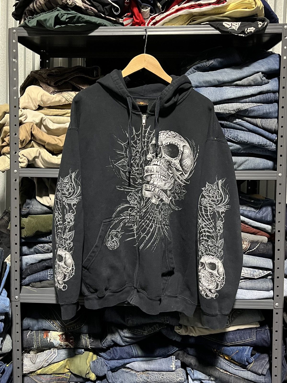 image of Affliction x Tapout Crazy Y2K Skull Spider Web Grunge Skater Punk Zip-Up Hoodie in Black (Size Larg