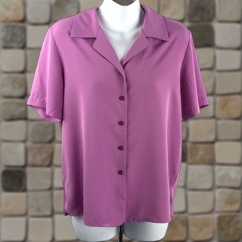 Vintage Liz Baker Silky Top Blouse 6P Purple Button Front Short Sleeve Collar Career Shirt Womens Size M / US 6-8 / IT 42-44 - 1 Thumbnail