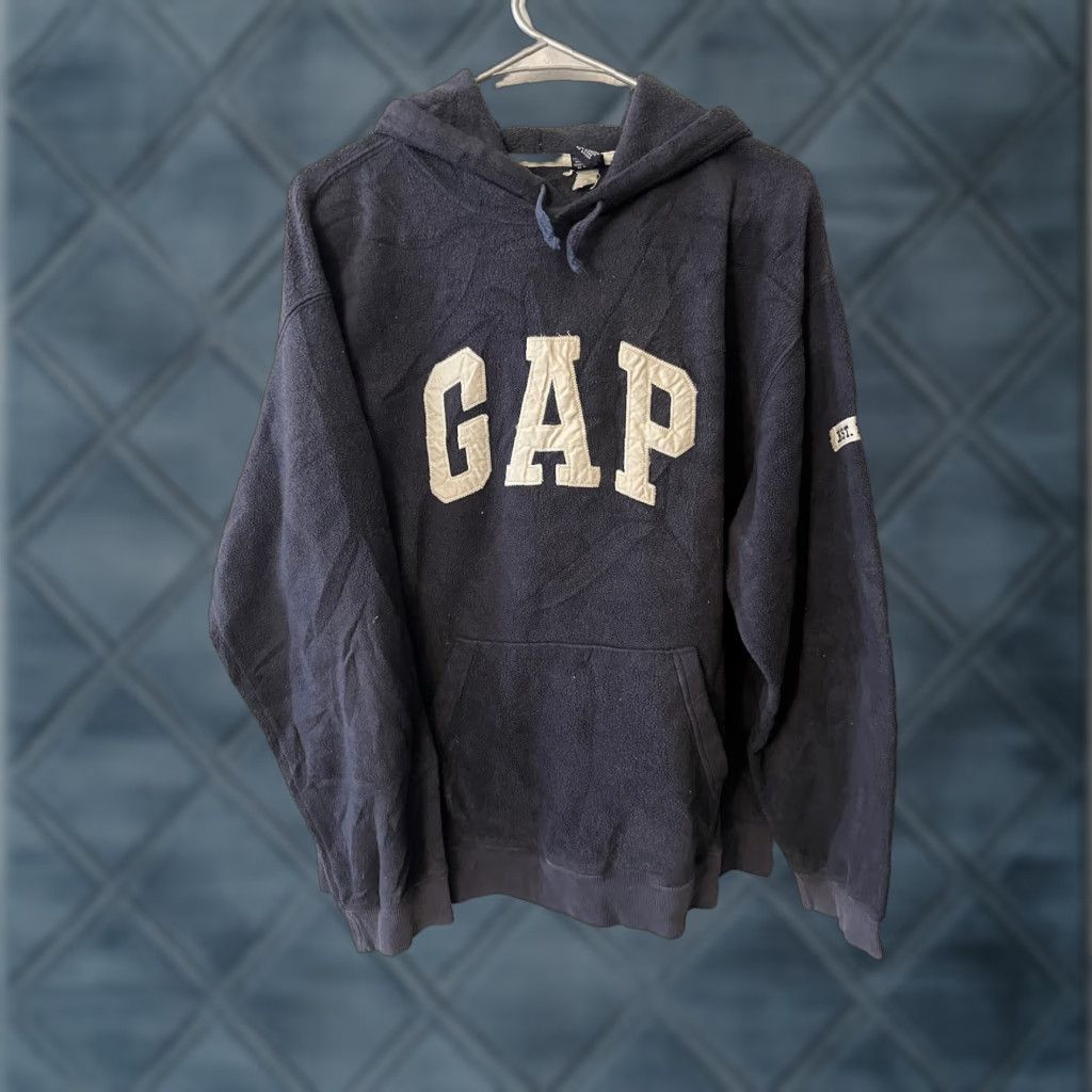 Gap Gap Hoodie Men's Fleece Pullover Large Navy Blue Embroidered Spellout 90s Sports Mock Neck Pockets Size US L / EU 52-54 / 3 - 1 Thumbnail