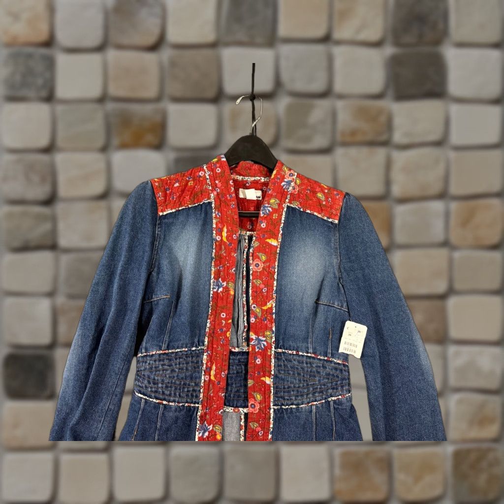 H&M H&M Jacket Womens 6 Blue Denim Floral Quilted Trim Boho Festival Hippie Peplum Open Front NWT Jacket Size M / US 6-8 / IT 42-44 - 1 Thumbnail