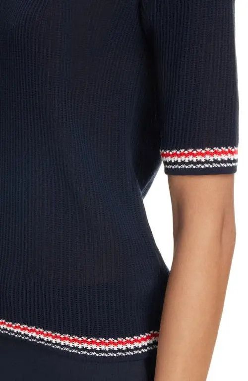 Thom Browne o1s22i1n0924 Pointelle-Knit T-Shirt in Navy Blue Size S / US 4 / IT 40 - 5 Thumbnail