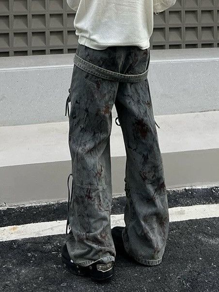 Avant garde punk y2k washed dirty paint tie up jeans pants