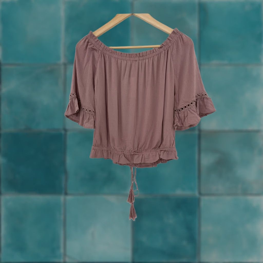 Pinko LA Hearts Blouse Size M Mauve Pink Off The Shoulder Crochet Trim Drawstring NWT Size M / US 6-8 / IT 42-44 - 1 Thumbnail